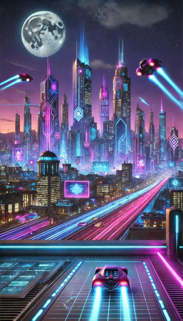 dall·e 2025 08 04 00.21.19 high resolution digital artwork of a futuristic neon cityscape at night, viewed from a rooftop. the skyline features glowing skyscrapers in vivid hues